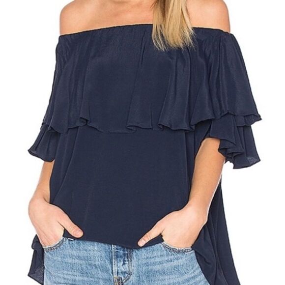 MLM Label ~ Midnight Blue Ruffle Off the Shoulder Blouse ~ Size XS - Picture 1 of 6